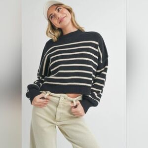 NWT Striped Black and Cream Mock Neck Women's Sweater